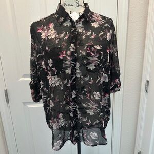 Victoria’s Secret Floral Sheer Button-Up Roll Tab Sleeves Blouse